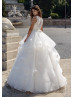 Beaded White Lace Tulle Ruffled Horsehair Hem Wedding Dress